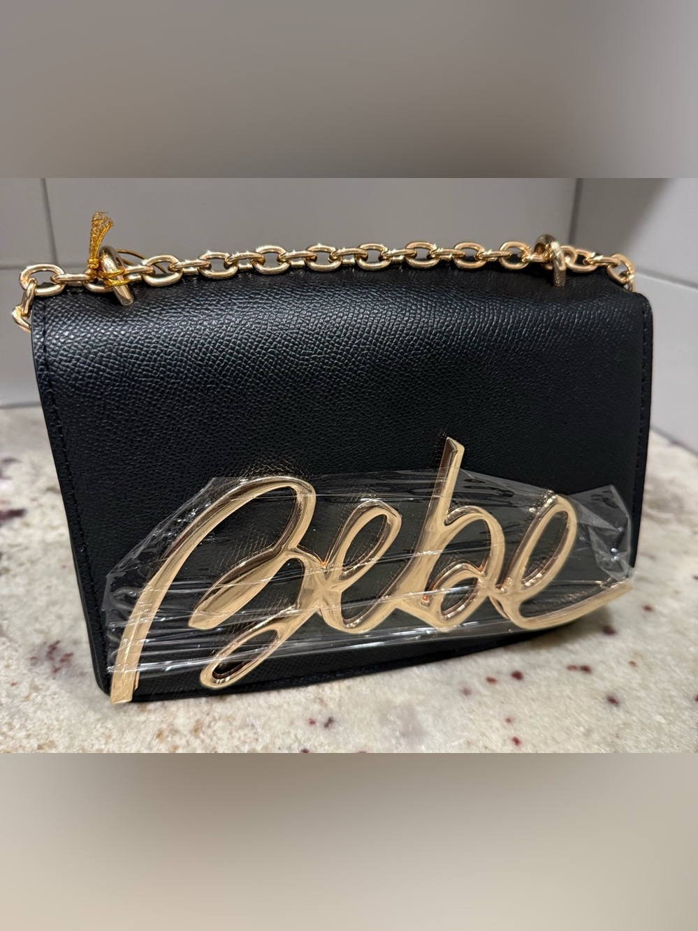 bebe Black Crossbody Bag with Gold Logo and Chain